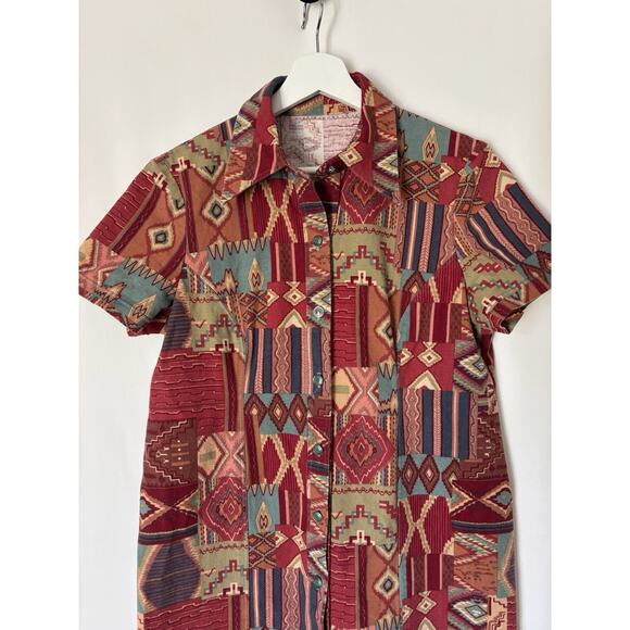 Bohemian Western Dress Medium Aztec Print Handmade Button Knee Short Sleeve Red - Picture 4 of 10